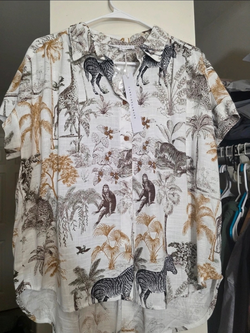 Men's Short-Sleeve Safari Print Shirt - White with Brown & Black